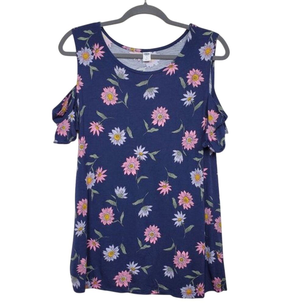 Old Navy Floral Cold Shoulder Blouse Navy Blue Pink Women Size L Lightweight Top